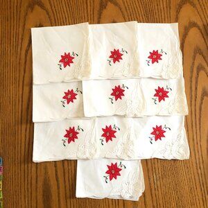 Christmas White Napkins With Red Poinsettia Embroidery Set of 10